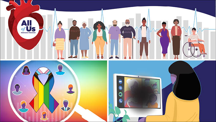 A graphic with the All of Us Research Program logo inside a human heart, illustrations of people lined up in front of a bar graph, a magnifying glass looking at a rainbow ribbon surrounded by illustrated busts of 7 people, and an illustration of a person looking at a laptop computer.