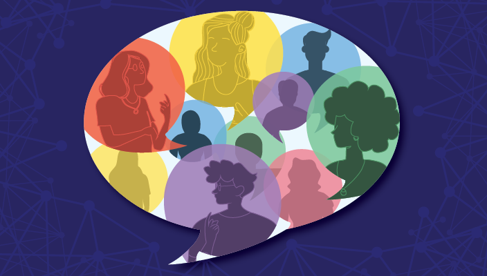 An illustration shows a speech bubble that contains the faces and profiles of people inside other speech bubbles, in different colors.